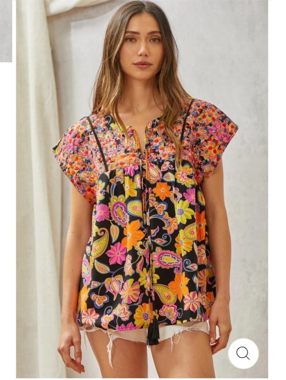 Savanna JaneMulticolored Print Babydoll Top with Floral Embroidery XL